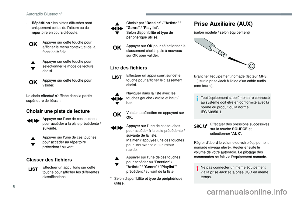 PEUGEOT 3008 2018 Manuel du propriétaire (in French) 8
- Répétition : les pistes diffusées sont
uniquement celles de l'album ou du
répertoire en cours d'écoute.
Appuyer sur cette touche pour
afficher le menu contextuel de la
fonction M PEUGEOT 3008 2018 Manuel du propriétaire (in French) 8
- Répétition : les pistes diffusées sont
uniquement celles de l'album ou du
répertoire en cours d'écoute.
Appuyer sur cette touche pour
afficher le menu contextuel de la
fonction M
