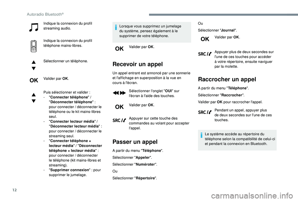 PEUGEOT 3008 2018 Manuel du propriétaire (in French) 12
Indique la connexion du profil
streaming audio.
Indique la connexion du profil
téléphone mains-libres.
Sélectionner un téléphone.
Valider par OK.
Puis sélectionner et valider :
-
"Co PEUGEOT 3008 2018 Manuel du propriétaire (in French) 12
Indique la connexion du profil
streaming audio.
Indique la connexion du profil
téléphone mains-libres.
Sélectionner un téléphone.
Valider par OK.
Puis sélectionner et valider :
-
"Co