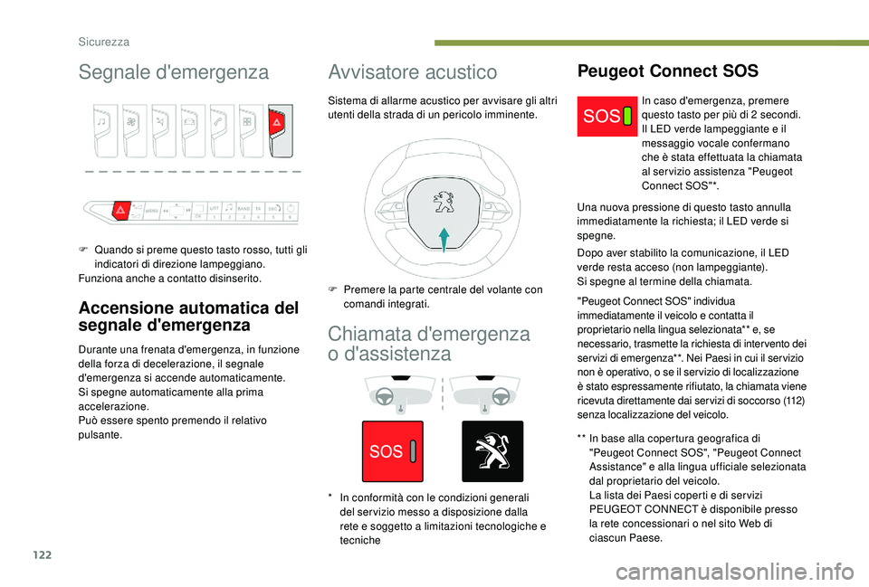 PEUGEOT 3008 2018 Manuale duso (in Italian) 122
Segnale d'emergenza
F Quando si preme questo tasto rosso, tutti gli indicatori di direzione lampeggiano.
Funziona anche a contatto disinserito.
Accensione automatica del
segnale d'emergen PEUGEOT 3008 2018 Manuale duso (in Italian) 122
Segnale d'emergenza
F Quando si preme questo tasto rosso, tutti gli indicatori di direzione lampeggiano.
Funziona anche a contatto disinserito.
Accensione automatica del
segnale d'emergen