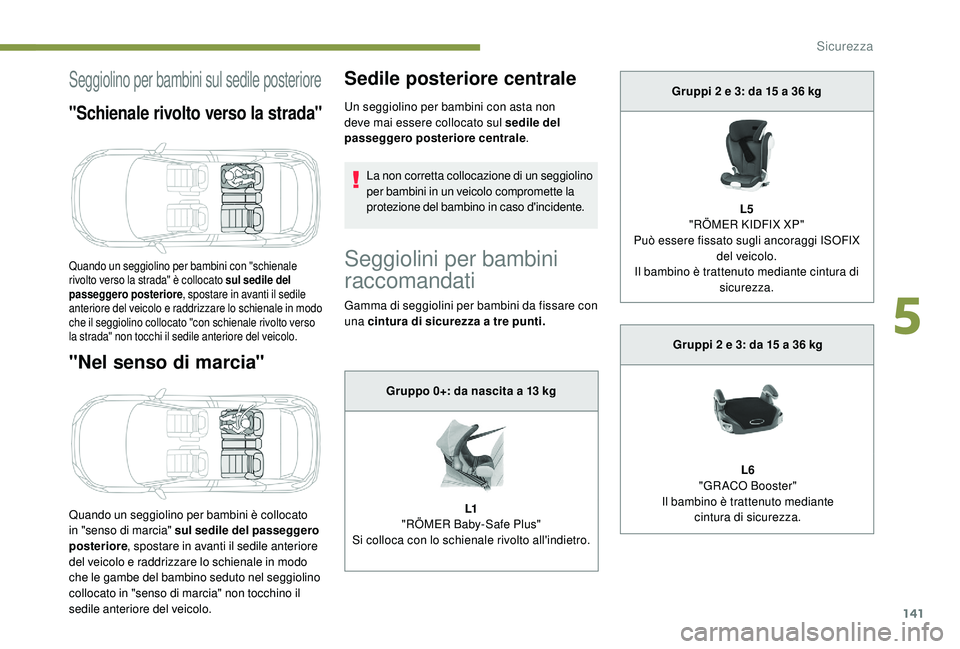 PEUGEOT 3008 2018 Manuale duso (in Italian) 141
Seggiolino per bambini sul sedile posteriore
"Schienale rivolto verso la strada"
"Nel senso di marcia"
Quando un seggiolino per bambini è collocato
in "senso di marcia" s PEUGEOT 3008 2018 Manuale duso (in Italian) 141
Seggiolino per bambini sul sedile posteriore
"Schienale rivolto verso la strada"
"Nel senso di marcia"
Quando un seggiolino per bambini è collocato
in "senso di marcia" s