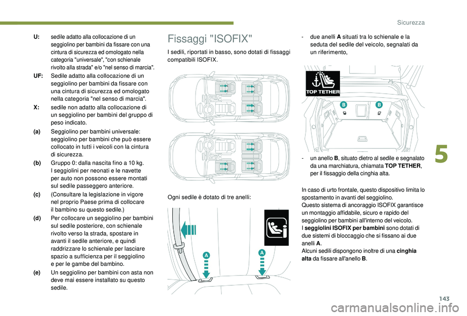 PEUGEOT 3008 2018 Manuale duso (in Italian) 143
U:sedile adatto alla collocazione di un
seggiolino per bambini da fissare con una
cintura di sicurezza ed omologato nella
categoria "universale", "con schienale
rivolto alla strada PEUGEOT 3008 2018 Manuale duso (in Italian) 143
U:sedile adatto alla collocazione di un
seggiolino per bambini da fissare con una
cintura di sicurezza ed omologato nella
categoria "universale", "con schienale
rivolto alla strada