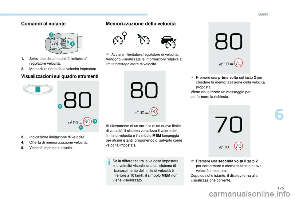 PEUGEOT 3008 2018 Manuale duso (in Italian) 175
Comandi al volante
Visualizzazioni sul quadro strumenti
1.Selezione della modalità limitatore/
regolatore velocità.
2. Memorizzazione della velocità impostata.
3. Indicazione limitazione di vel PEUGEOT 3008 2018 Manuale duso (in Italian) 175
Comandi al volante
Visualizzazioni sul quadro strumenti
1.Selezione della modalità limitatore/
regolatore velocità.
2. Memorizzazione della velocità impostata.
3. Indicazione limitazione di vel