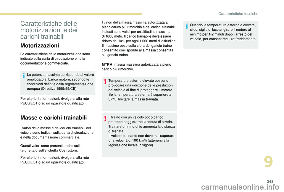 PEUGEOT 3008 2018 Manuale duso (in Italian) 263
Caratteristiche delle
motorizzazioni e dei
carichi trainabili
Motorizzazioni
Le caratteristiche della motorizzazione sono
indicate sulla carta di circolazione e nella
documentazione commercial PEUGEOT 3008 2018 Manuale duso (in Italian) 263
Caratteristiche delle
motorizzazioni e dei
carichi trainabili
Motorizzazioni
Le caratteristiche della motorizzazione sono
indicate sulla carta di circolazione e nella
documentazione commercial