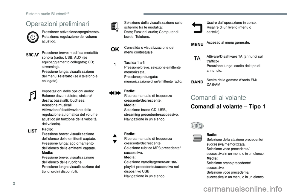 PEUGEOT 3008 2018 Manuale duso (in Italian) 2
Operazioni preliminari
Pressione: attivazione/spegnimento.
Rotazione: regolazione del volume
acustico.
Pressione breve: modifica modalità
sonora (radio; USB; AUX (se
equipaggiamento collegato); PEUGEOT 3008 2018 Manuale duso (in Italian) 2
Operazioni preliminari
Pressione: attivazione/spegnimento.
Rotazione: regolazione del volume
acustico.
Pressione breve: modifica modalità
sonora (radio; USB; AUX (se
equipaggiamento collegato);