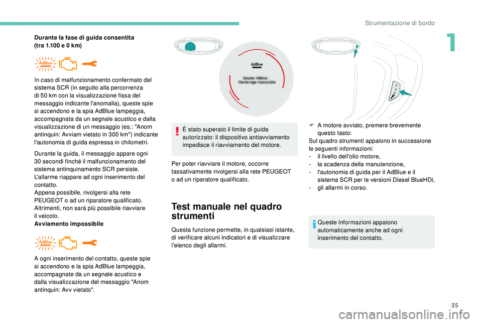 PEUGEOT 3008 2018 Manuale duso (in Italian) 35
Durante la fase di guida consentita
(tra 1.100 e 0 km)
Durante la guida, il messaggio appare ogni
30
secondi finché il malfunzionamento del
sistema antinquinamento SCR persiste.
L'allarm PEUGEOT 3008 2018 Manuale duso (in Italian) 35
Durante la fase di guida consentita
(tra 1.100 e 0 km)
Durante la guida, il messaggio appare ogni
30
secondi finché il malfunzionamento del
sistema antinquinamento SCR persiste.
L'allarm
