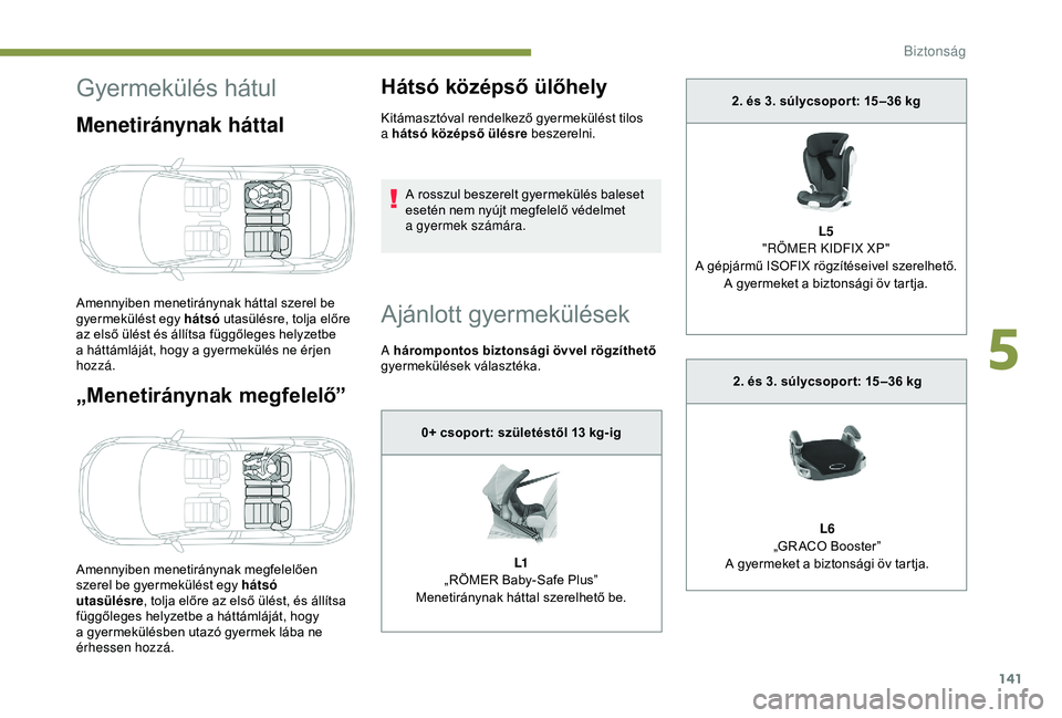 PEUGEOT 3008 2018 Kezelési útmutató (in Hungarian) 141
Gyermekülés hátul
Menetiránynak háttal
„Menetiránynak megfelelő”
Amennyiben menetiránynak megfelelően
szerel be gyermekülést egy hátsó
utasülésre, tolja előre az első ülés PEUGEOT 3008 2018 Kezelési útmutató (in Hungarian) 141
Gyermekülés hátul
Menetiránynak háttal
„Menetiránynak megfelelő”
Amennyiben menetiránynak megfelelően
szerel be gyermekülést egy hátsó
utasülésre, tolja előre az első ülés