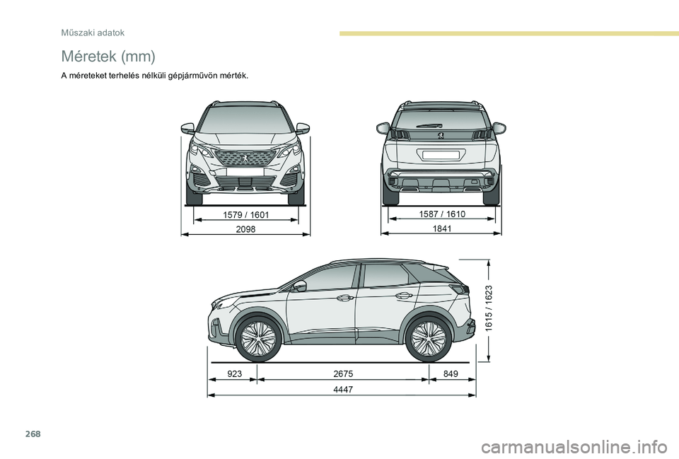 PEUGEOT 3008 2018  Kezelési útmutató (in Hungarian) 268
Méretek (mm)
A méreteket terhelés nélküli gépjárművön mérték. 
Műszaki adatok  