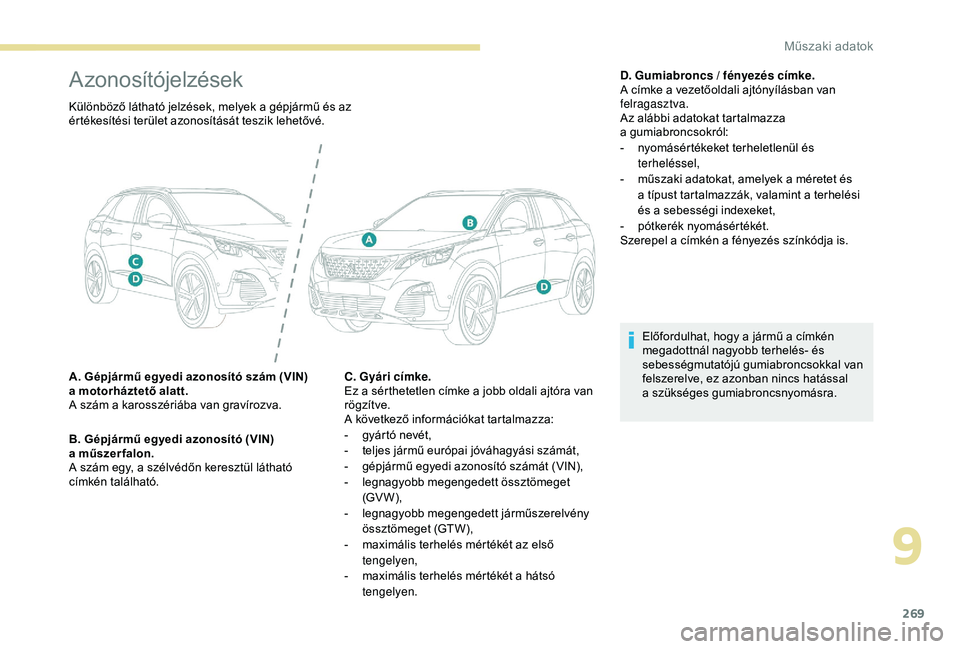 PEUGEOT 3008 2018  Kezelési útmutató (in Hungarian) 269
Azonosítójelzések
Különböző látható jelzések, melyek a gépjármű és az 
é rtékesítési terület azonosítását teszik lehetővé.
A. Gépjármű egyedi azonosító szám (VIN) 
a
