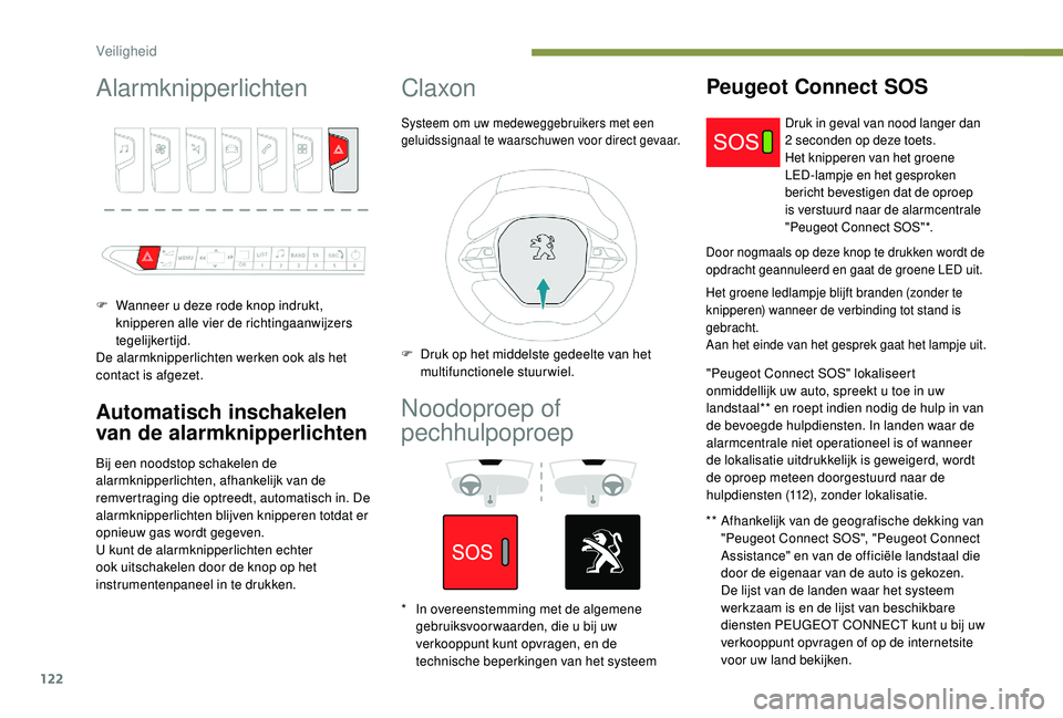 PEUGEOT 3008 2018  Instructieboekje (in Dutch) 122
Alarmknipperlichten
F Wanneer u deze rode knop indrukt, knipperen alle vier de richtingaanwijzers 
tegelijkertijd.
De alarmknipperlichten werken ook als het 
contact is afgezet.
Automatisch inscha