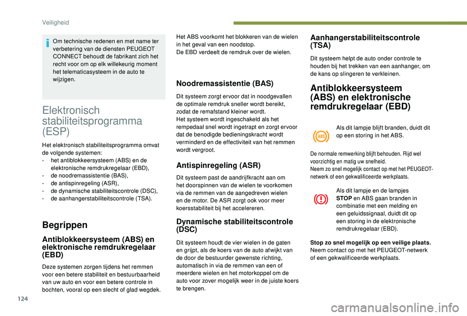 PEUGEOT 3008 2018  Instructieboekje (in Dutch) 124
Elektronisch 
stabiliteitsprogramma 
(ESP)
Het elektronisch stabiliteitsprogramma omvat 
de volgende systemen:
- 
h
 et antiblokkeersysteem (ABS) en de 
elektronische remdrukregelaar (EBD),
-
 de
