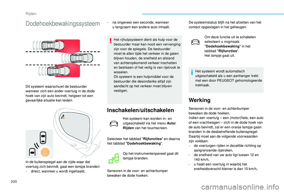 PEUGEOT 3008 2018  Instructieboekje (in Dutch) 200
Dodehoekbewakingssysteem
Dit systeem waarschuwt de bestuurder 
wanneer zich een ander voertuig in de dode 
hoek van zijn auto bevindt, hetgeen tot een 
gevaarlijke situatie kan leiden.-
 
n
 a ong