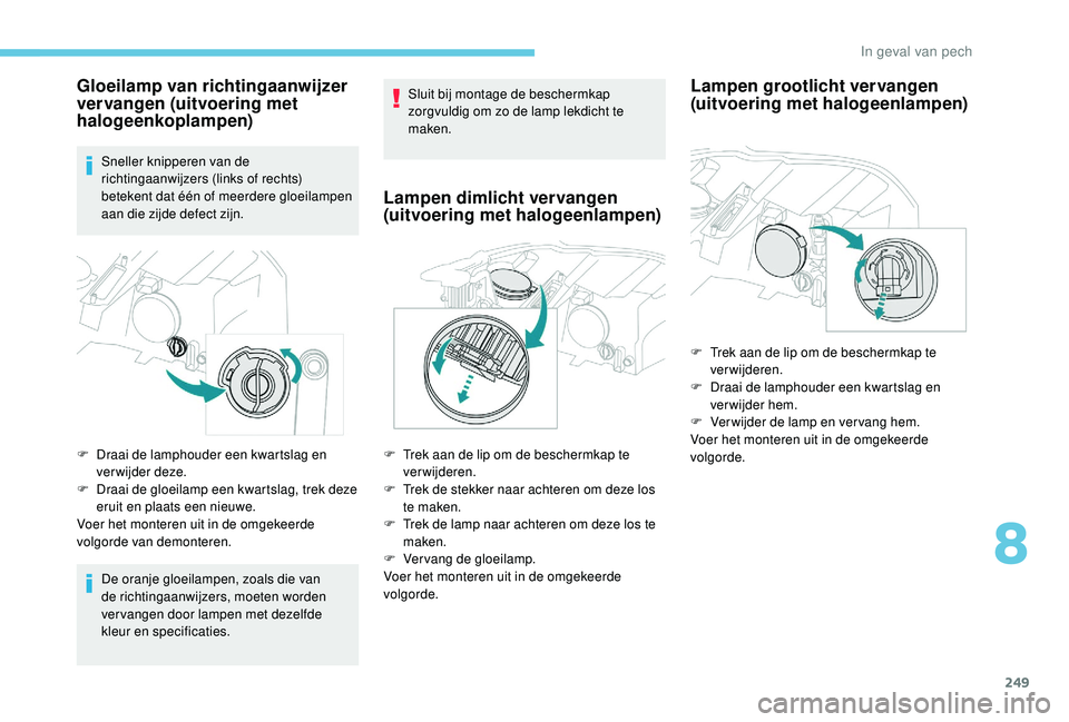 PEUGEOT 3008 2018  Instructieboekje (in Dutch) 249
Gloeilamp van richtingaanwijzer 
vervangen (uitvoering met 
halogeenkoplampen)
Sneller knipperen van de 
richtingaanwijzers (links of rechts) 
betekent dat één of meerdere gloeilampen 
aan die z