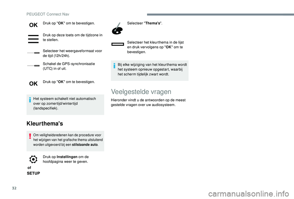 PEUGEOT 3008 2018  Instructieboekje (in Dutch) 32
Druk op "OK" om te bevestigen.
Druk op deze toets om de tijdzone in 
te stellen.
Selecteer het weergaveformaat voor 
de tijd (12h/24h).
Schakel de GPS-synchronisatie 
(UTC) in of uit.
Druk 