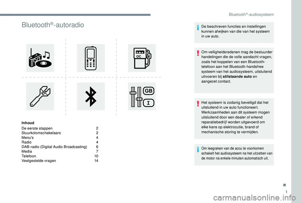 PEUGEOT 3008 2018  Instructieboekje (in Dutch) 1
Bluetooth®-autoradio
Inhoud
De eerste stappen  
2
St

uurkolomschakelaars   
2
M

enu's   
4
R

adio   
4
D

AB-radio (Digital Audio Broadcasting)   
6
M

edia   
7
T

elefoon   
1
 0
Veelgeste