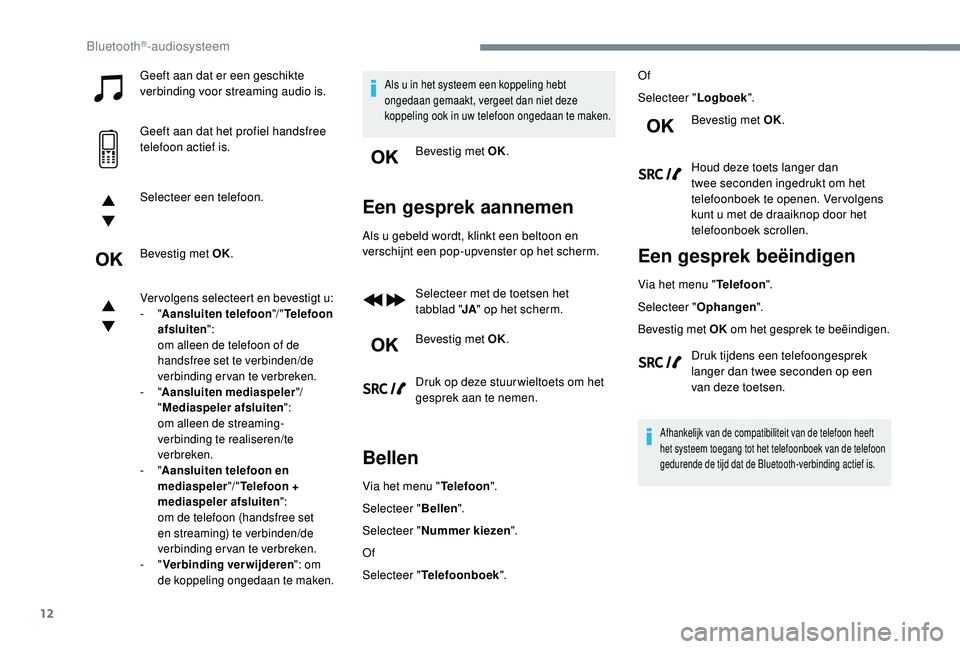 PEUGEOT 3008 2018  Instructieboekje (in Dutch) 12
Geeft aan dat er een geschikte 
verbinding voor streaming audio is.
Geeft aan dat het profiel handsfree 
telefoon actief is.
Selecteer een telefoon.
Bevestig met OK.
Vervolgens selecteert en bevest