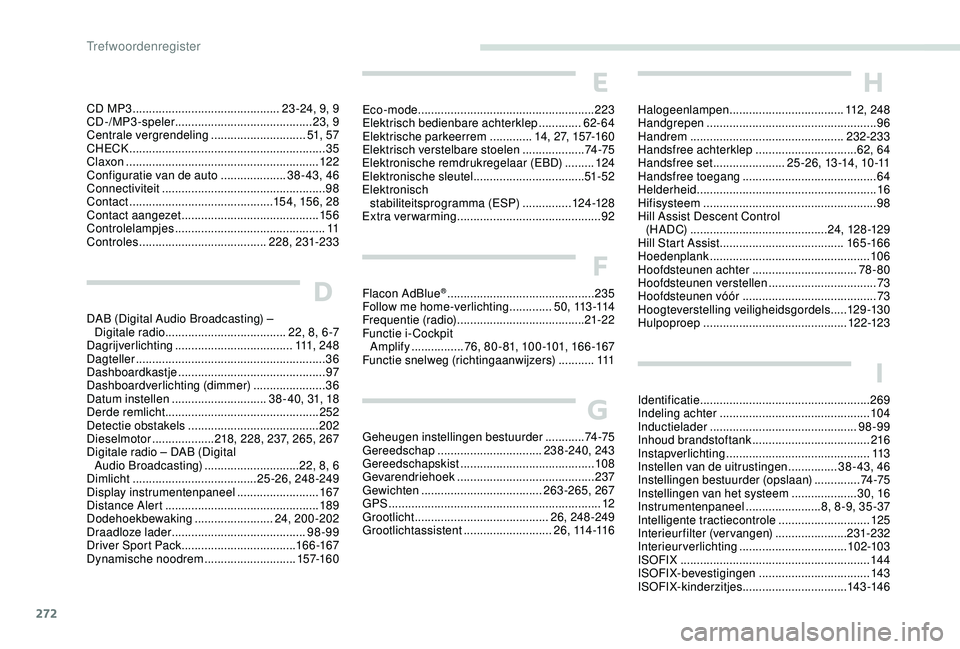 PEUGEOT 3008 2018  Instructieboekje (in Dutch) 272
CD MP3 .............................................2 3 -24, 9, 9
CD-/MP3-speler ............................... ...........23, 9
Centrale vergrendeling
 

.............................51, 5 7
CHE