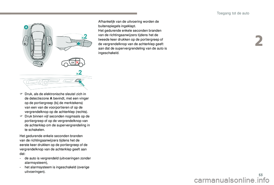 PEUGEOT 3008 2018  Instructieboekje (in Dutch) 53
Afhankelijk van de uitvoering worden de 
buitenspiegels ingeklapt.
Het gedurende enkele seconden branden 
van de richtingaanwijzers tijdens het de 
tweede keer drukken op de portiergreep of 
de ver