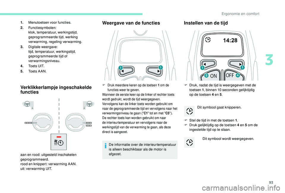 PEUGEOT 3008 2018  Instructieboekje (in Dutch) 93
Verklikkerlampje ingeschakelde 
functiesWeergave van de functies
De informatie over de interieurtemperatuur 
is alleen beschikbaar als de motor is 
afgezet.
Instellen van de tijd
F Stel de tijd in 
