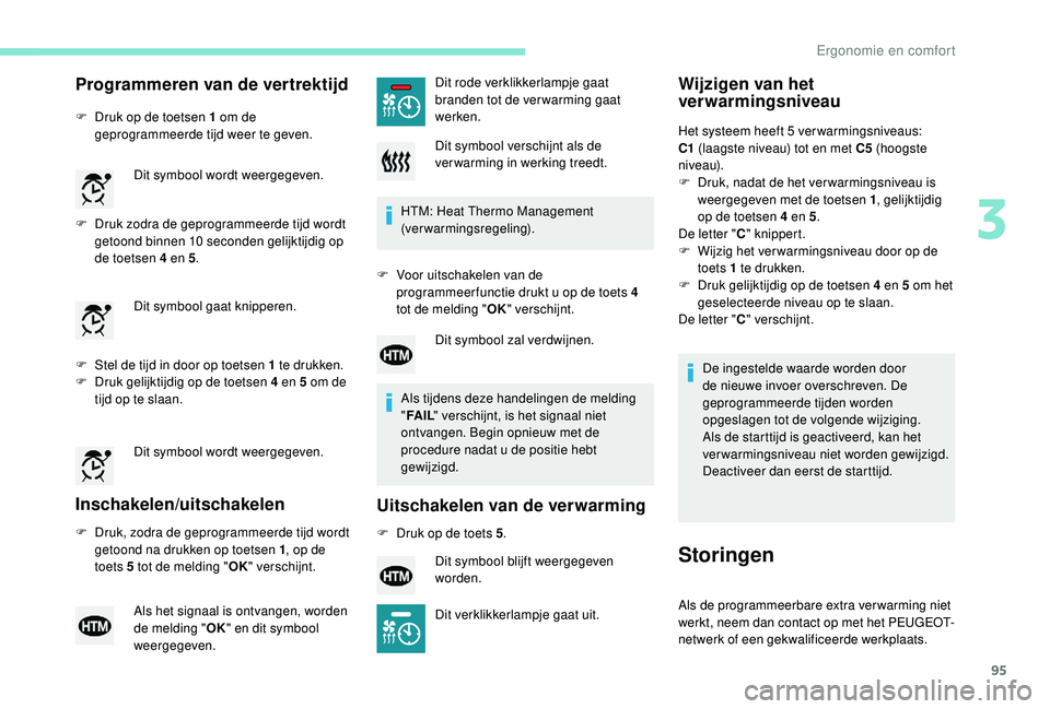 PEUGEOT 3008 2018  Instructieboekje (in Dutch) 95
Programmeren van de vertrektijd
F Druk op de toetsen 1 om de geprogrammeerde tijd weer te geven.
F
 
D
 ruk zodra de geprogrammeerde tijd wordt 
getoond binnen 10 seconden gelijktijdig op 
de toets