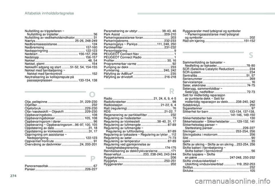 PEUGEOT 3008 2018 Instruksjoner for bruk (in Norwegian) 274
Nullstilling av tripptelleren ~ Nullstilling av tripteller ....................................... 36
Nullstilling av vedlikeholdsindikator
.....................31
Nærlys
................. PEUGEOT 3008 2018 Instruksjoner for bruk (in Norwegian) 274
Nullstilling av tripptelleren ~ Nullstilling av tripteller ....................................... 36
Nullstilling av vedlikeholdsindikator
.....................31
Nærlys
.................