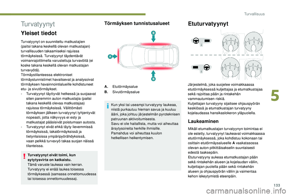 PEUGEOT 3008 2018  Omistajan Käsikirja (in Finnish) 133
Tu r v a t y y n y t
Yleiset tiedot
Turvatyynyt on suunniteltu matkustajien 
(paitsi takana keskellä olevan matkustajan) 
turvallisuuden takaamiseksi rajuissa 
törmäyksissä. Turvatyynyt täyde