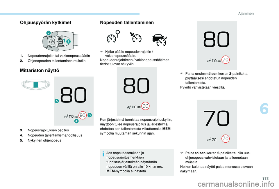 PEUGEOT 3008 2018  Omistajan Käsikirja (in Finnish) 175
Ohjauspyörän kytkimet
Mittariston näyttö
1. Nopeudenrajoitin tai vakionopeussäädin
2. Ohjenopeuden tallentaminen muistiin
3. Nopeusrajoituksen osoitus
4. Nopeuden tallentamismahdollisuus
5. 