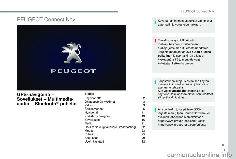 PEUGEOT 3008 2018  Omistajan Käsikirja (in Finnish) 1
PEUGEOT Connect Nav
GPS-navigointi – 
Sovellukset – Multimedia-
audio – Bluetooth
®-puhelin
Sisältö
Käyttöönotto  
2
O

hjauspyörän kytkimet   
3
V

alikot   
3
Ä

änikomennot   
5
N