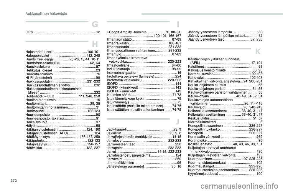 PEUGEOT 3008 2018  Omistajan Käsikirja (in Finnish) 272
G
GPS ................................................................. 12
H
Hajustediffuusori .................................... 10 0 -101
Halogeenivalot ...................................... 