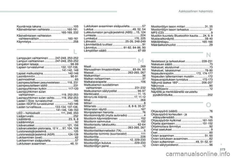 PEUGEOT 3008 2018  Omistajan Käsikirja (in Finnish) 273
Moottoriöljyn tason mittari ........................31, 3 5
Moottoriöljyn tason tarkastus ......................... 31
M
P3 (CD)
 ..............................
 ............................9
Mu