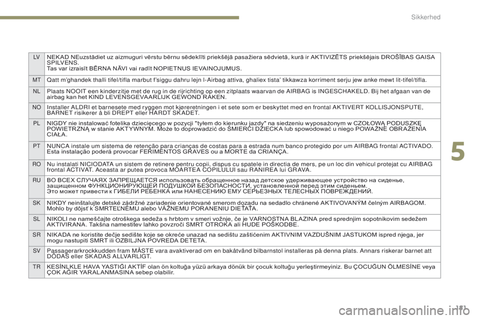 PEUGEOT 3008 2017 Brugsanvisning (in Danish) LVNEK AD NEuzstādiet uz aizmuguri vērstu bērnu sēdeklīti priekšējā pasažiera sēdvietā, kurā ir AKTIVIZĒTS priekšējais DROŠĪBAS GAISA SP I LVeN S .
Tas
var izraisīt BĒRNA NĀ PEUGEOT 3008 2017 Brugsanvisning (in Danish) LVNEK AD NEuzstādiet uz aizmuguri vērstu bērnu sēdeklīti priekšējā pasažiera sēdvietā, kurā ir AKTIVIZĒTS priekšējais DROŠĪBAS GAISA SP I LVeN S .
Tas
var izraisīt BĒRNA NĀ