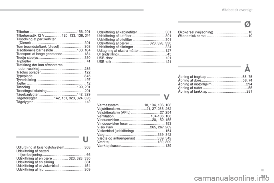 PEUGEOT 3008 2017  Brugsanvisning (in Danish) 351
3008-2_da_Chap11_index-alpha_ed01-2016
U
udluftning af brændstofsystem .....................308ud
skiftning af batteri  
i fjernbetjening
 

.............................................. 66
ud

