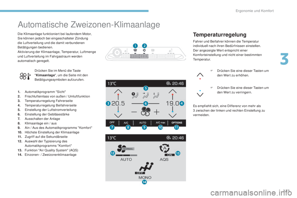 PEUGEOT 3008 2017  Betriebsanleitungen (in German) 111
3008-2_de_Chap03_ergonomie-et-confort_ed01-2016
Automatische Zweizonen-Klimaanlage
1. Automatikprogramm "Sicht"
2. F rischlufteinlass von außen / Umluftfunktion
3.
 T

emperaturregelung F