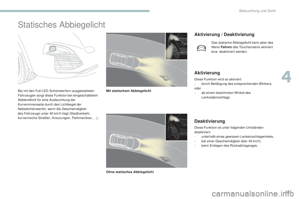 PEUGEOT 3008 2017  Betriebsanleitungen (in German) 151
3008-2_de_Chap04_eclairage-et-visibilite_ed01-2016
Statisches Abbiegelicht
Bei mit den Full LED -Scheinwer fern ausgestatteten 
Fahrzeugen sorgt diese Funktion bei eingeschaltetem 
Abblendlicht f