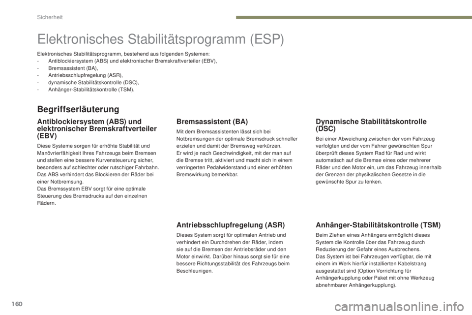 PEUGEOT 3008 2017 Betriebsanleitungen (in German) 160
3008-2_de_Chap05_securite_ed01-2016
Elektronisches Stabilitätsprogramm (ESP)
Begriffserläuterung
Antiblockiersystem (ABS) und
elektronischer Bremskraftverteiler
(EBV)
Diese Systeme sorgen für PEUGEOT 3008 2017 Betriebsanleitungen (in German) 160
3008-2_de_Chap05_securite_ed01-2016
Elektronisches Stabilitätsprogramm (ESP)
Begriffserläuterung
Antiblockiersystem (ABS) und
elektronischer Bremskraftverteiler
(EBV)
Diese Systeme sorgen für