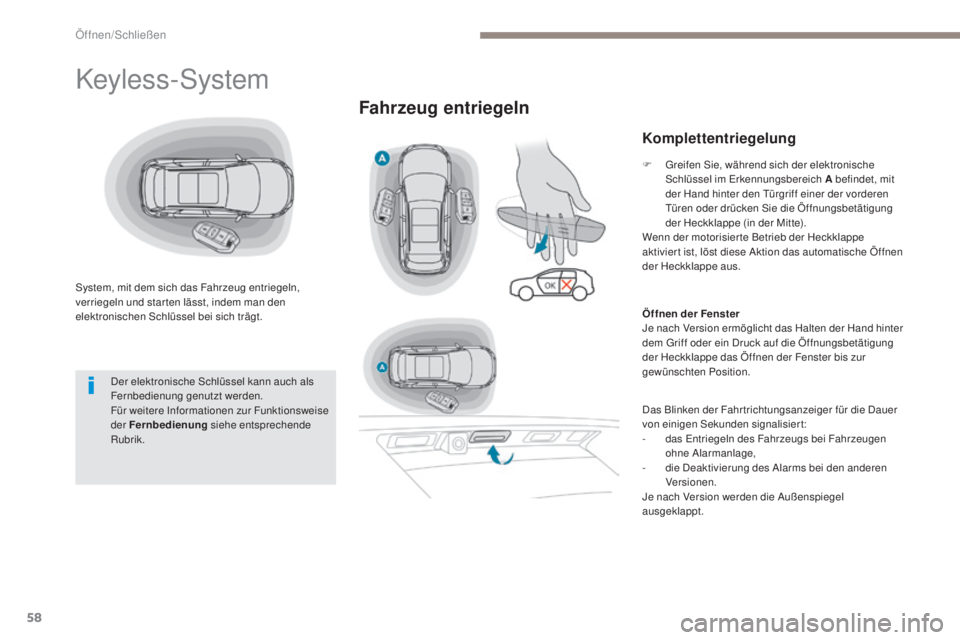 PEUGEOT 3008 2017 Betriebsanleitungen (in German) 58
3008-2_de_Chap02_ouvertures_ed01-2016
Keyless-System
System, mit dem sich das Fahrzeug entriegeln,
verriegeln und star ten lässt, indem man den
elektronischen Schlüssel bei sich trägt.
Fahrzeu PEUGEOT 3008 2017 Betriebsanleitungen (in German) 58
3008-2_de_Chap02_ouvertures_ed01-2016
Keyless-System
System, mit dem sich das Fahrzeug entriegeln,
verriegeln und star ten lässt, indem man den
elektronischen Schlüssel bei sich trägt.
Fahrzeu