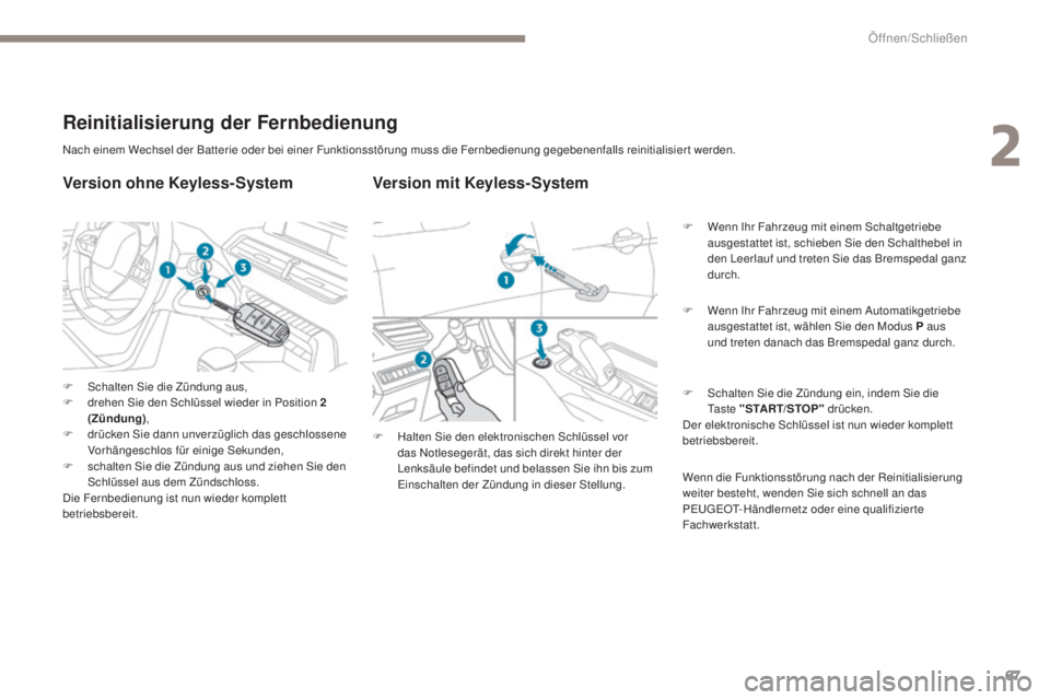 PEUGEOT 3008 2017 Betriebsanleitungen (in German) 67
3008-2_de_Chap02_ouvertures_ed01-2016
Nach einem Wechsel der Batterie oder bei einer Funktionsstörung muss die Fernbedienung gegebenenfalls reinitialisiert werden.
Version mit Keyless-System
Reini PEUGEOT 3008 2017 Betriebsanleitungen (in German) 67
3008-2_de_Chap02_ouvertures_ed01-2016
Nach einem Wechsel der Batterie oder bei einer Funktionsstörung muss die Fernbedienung gegebenenfalls reinitialisiert werden.
Version mit Keyless-System
Reini