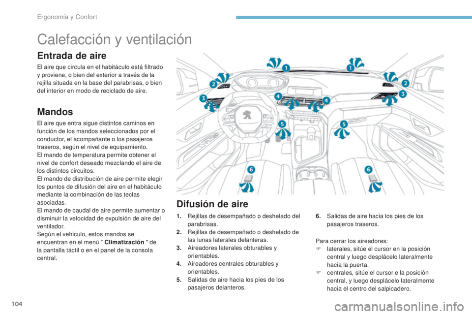 PEUGEOT 3008 2017 Manual del propietario (in Spanish) 104
3008-2_es_Chap03_ergonomie-et-confort_ed01-2016
Calefacción y ventilación
Entrada de aire
El aire que circula en el habitáculo está filtrado
y proviene, o bien del exterior a través de la
r PEUGEOT 3008 2017 Manual del propietario (in Spanish) 104
3008-2_es_Chap03_ergonomie-et-confort_ed01-2016
Calefacción y ventilación
Entrada de aire
El aire que circula en el habitáculo está filtrado
y proviene, o bien del exterior a través de la
r