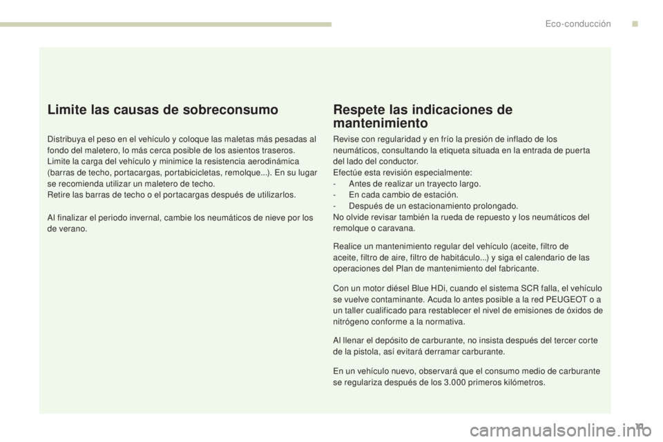 PEUGEOT 3008 2017 Manual del propietario (in Spanish) 3008-2_es_Chap00c_eco-conduite_ed01-2016
11
Limite las causas de sobreconsumo
Distribuya el peso en el vehículo y coloque las maletas más pesadas al
fondo del maletero, lo más cerca posible de los PEUGEOT 3008 2017 Manual del propietario (in Spanish) 3008-2_es_Chap00c_eco-conduite_ed01-2016
11
Limite las causas de sobreconsumo
Distribuya el peso en el vehículo y coloque las maletas más pesadas al
fondo del maletero, lo más cerca posible de los