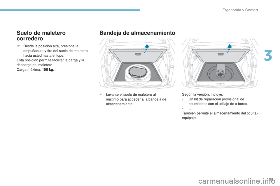 PEUGEOT 3008 2017  Manual del propietario (in Spanish) 139
3008-2_es_Chap03_ergonomie-et-confort_ed01-2016
Suelo de maletero 
corredero
F Desde la posición alta, presione la empuñadura y tire del suelo de maletero 
hacia usted hasta el tope.
Esta posici