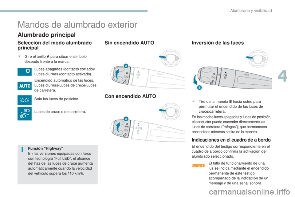PEUGEOT 3008 2017 Manual del propietario (in Spanish) 141
3008-2_es_Chap04_eclairage-et-visibilite_ed01-2016
Sin encendido AUTO
Con encendido AUTO
F Gire el anillo A para situar el símbolo deseado frente a la marca.
Mandos de alumbrado exterior
Luces ap PEUGEOT 3008 2017 Manual del propietario (in Spanish) 141
3008-2_es_Chap04_eclairage-et-visibilite_ed01-2016
Sin encendido AUTO
Con encendido AUTO
F Gire el anillo A para situar el símbolo deseado frente a la marca.
Mandos de alumbrado exterior
Luces ap