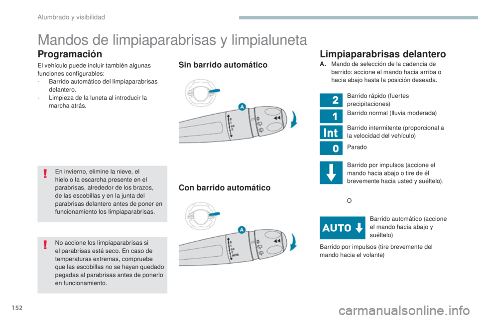 PEUGEOT 3008 2017 Manual del propietario (in Spanish) 152
3008-2_es_Chap04_eclairage-et-visibilite_ed01-2016
Programación
El vehículo puede incluir también algunas
funciones configurables:
-
B
arrido automático del limpiaparabrisas
delantero.
-
PEUGEOT 3008 2017 Manual del propietario (in Spanish) 152
3008-2_es_Chap04_eclairage-et-visibilite_ed01-2016
Programación
El vehículo puede incluir también algunas
funciones configurables:
-
B
arrido automático del limpiaparabrisas
delantero.
-