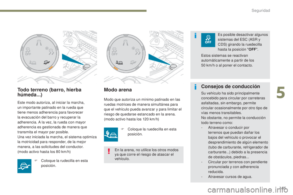 PEUGEOT 3008 2017 Manual del propietario (in Spanish) 165
3008-2_es_Chap05_securite_ed01-2016
Todo terreno (barro, hierba
húmeda...)
Este modo autoriza, al iniciar la marcha,
un importante patinado en la rueda que
tiene menos adherencia para favorece PEUGEOT 3008 2017 Manual del propietario (in Spanish) 165
3008-2_es_Chap05_securite_ed01-2016
Todo terreno (barro, hierba
húmeda...)
Este modo autoriza, al iniciar la marcha,
un importante patinado en la rueda que
tiene menos adherencia para favorece