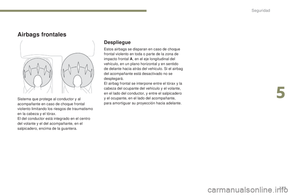 PEUGEOT 3008 2017  Manual del propietario (in Spanish) 173
3008-2_es_Chap05_securite_ed01-2016
Airbags frontales
Despliegue
Estos airbags se disparan en caso de choque 
frontal violento en toda o parte de la zona de 
impacto frontal A, en el eje longitudi