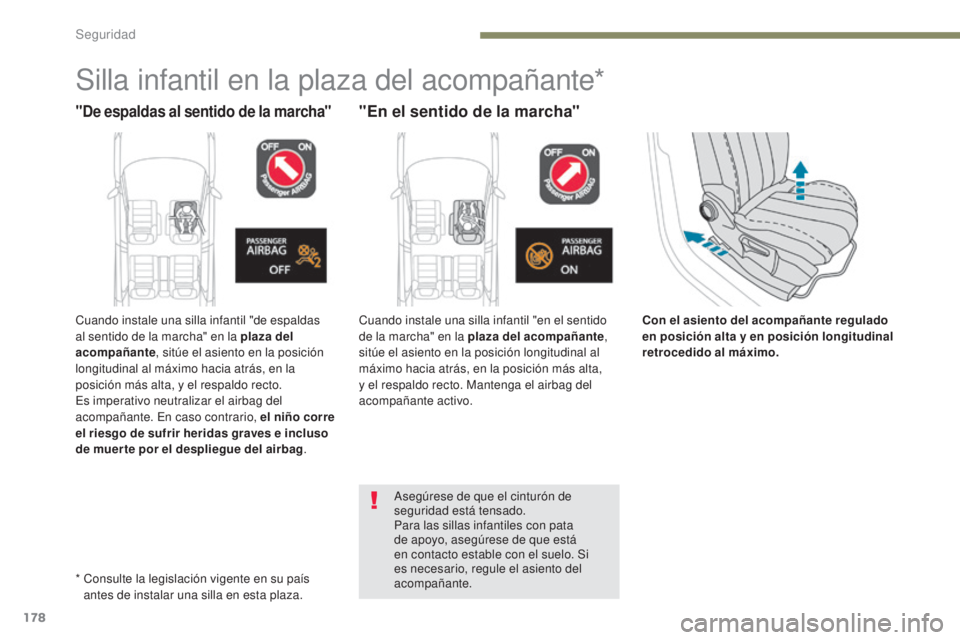 PEUGEOT 3008 2017 Manual del propietario (in Spanish) 178
3008-2_es_Chap05_securite_ed01-2016
Con el asiento del acompañante regulado
en posición alta y en posición longitudinal
retrocedido al máximo.
Silla infantil en la plaza del acompañante*
PEUGEOT 3008 2017 Manual del propietario (in Spanish) 178
3008-2_es_Chap05_securite_ed01-2016
Con el asiento del acompañante regulado
en posición alta y en posición longitudinal
retrocedido al máximo.
Silla infantil en la plaza del acompañante*