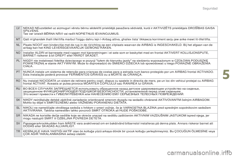 PEUGEOT 3008 2017 Manual del propietario (in Spanish) LVNEK AD NEuzstādiet uz aizmuguri vērstu bērnu sēdeklīti priekšējā pasažiera sēdvietā, kurā ir AKTIVIZĒTS priekšējais DROŠĪBAS GAISA
S P I LV E N S .
Tas var izraisīt BĒRNA NĀVI v PEUGEOT 3008 2017 Manual del propietario (in Spanish) LVNEK AD NEuzstādiet uz aizmuguri vērstu bērnu sēdeklīti priekšējā pasažiera sēdvietā, kurā ir AKTIVIZĒTS priekšējais DROŠĪBAS GAISA
S P I LV E N S .
Tas var izraisīt BĒRNA NĀVI v