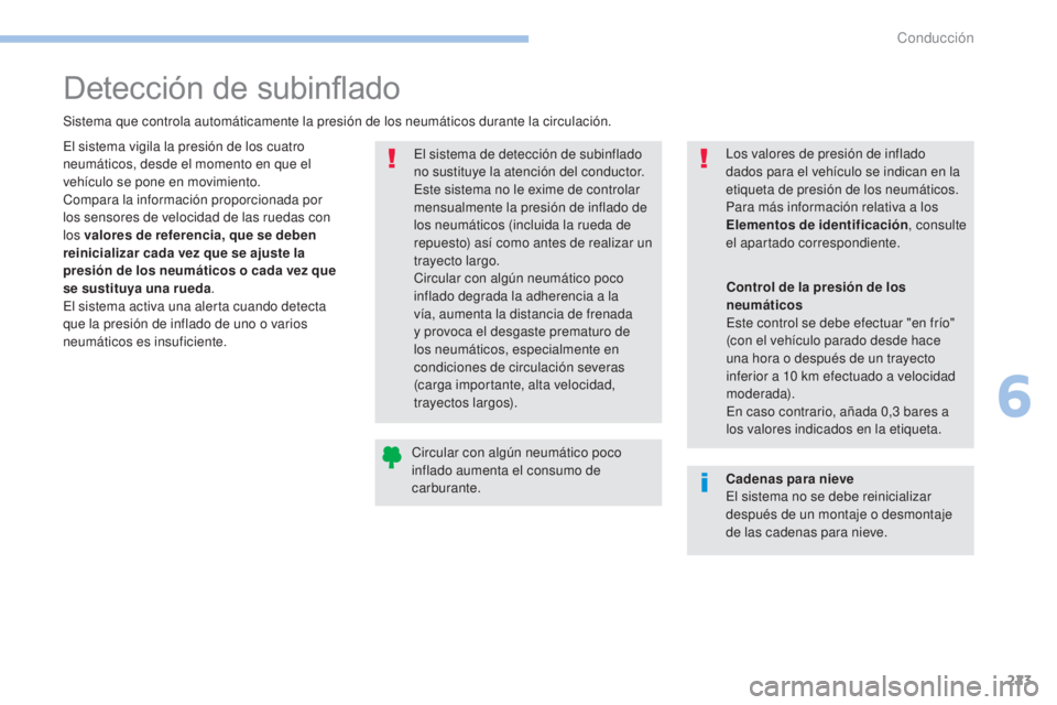 PEUGEOT 3008 2017 Manual del propietario (in Spanish) 223
3008-2_es_Chap06_conduite_ed01-2016
Detección de subinflado
Sistema que controla automáticamente la presión de los neumáticos durante la circulación.El sistema de detección de subinflado
no PEUGEOT 3008 2017 Manual del propietario (in Spanish) 223
3008-2_es_Chap06_conduite_ed01-2016
Detección de subinflado
Sistema que controla automáticamente la presión de los neumáticos durante la circulación.El sistema de detección de subinflado
no