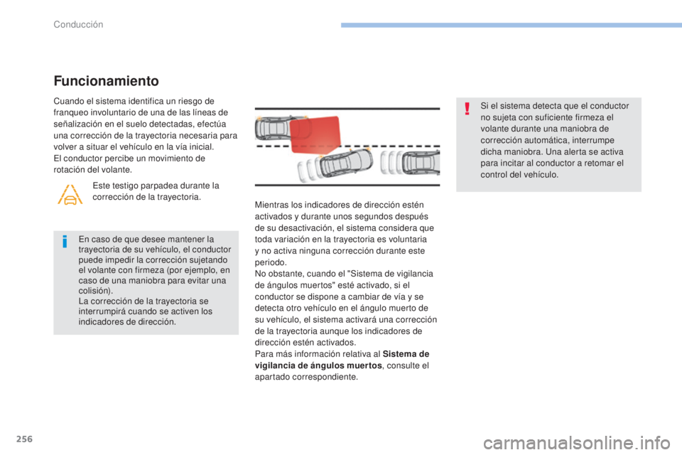 PEUGEOT 3008 2017 Manual del propietario (in Spanish) 256
3008-2_es_Chap06_conduite_ed01-2016
Mientras los indicadores de dirección estén
activados y durante unos segundos después
de su desactivación, el sistema considera que
toda variación en la PEUGEOT 3008 2017 Manual del propietario (in Spanish) 256
3008-2_es_Chap06_conduite_ed01-2016
Mientras los indicadores de dirección estén
activados y durante unos segundos después
de su desactivación, el sistema considera que
toda variación en la
