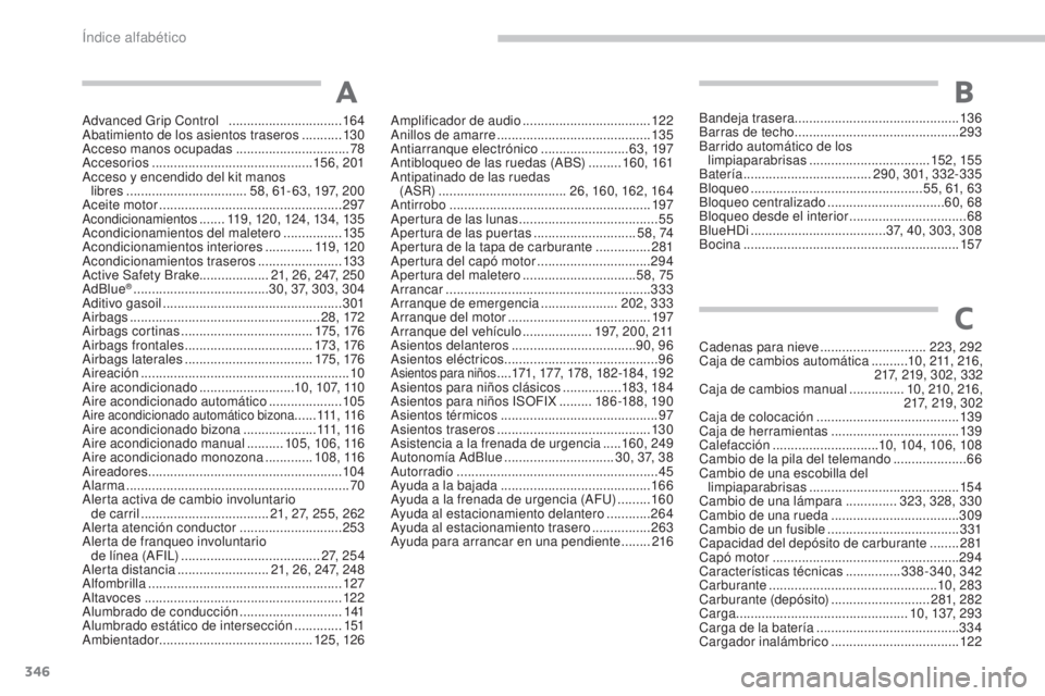 PEUGEOT 3008 2017 Manual del propietario (in Spanish) 346
3008-2_es_Chap11_index-alpha_ed01-2016
Advanced Grip Control ...............................16 4
Abatimiento de los asientos traseros ...........13 0
Acceso manos ocupadas
.................. PEUGEOT 3008 2017 Manual del propietario (in Spanish) 346
3008-2_es_Chap11_index-alpha_ed01-2016
Advanced Grip Control ...............................16 4
Abatimiento de los asientos traseros ...........13 0
Acceso manos ocupadas
..................