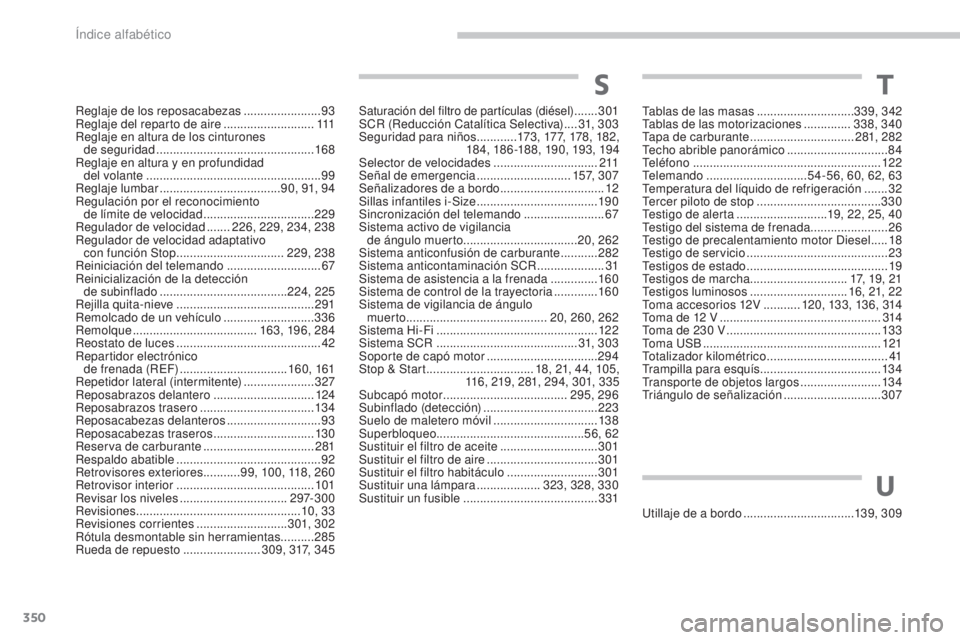 PEUGEOT 3008 2017 Manual del propietario (in Spanish) 350
3008-2_es_Chap11_index-alpha_ed01-2016
Reglaje de los reposacabezas .......................93
Reglaje del reparto de aire ...........................111
Reglaje en altura de los cinturones de s PEUGEOT 3008 2017 Manual del propietario (in Spanish) 350
3008-2_es_Chap11_index-alpha_ed01-2016
Reglaje de los reposacabezas .......................93
Reglaje del reparto de aire ...........................111
Reglaje en altura de los cinturones de s