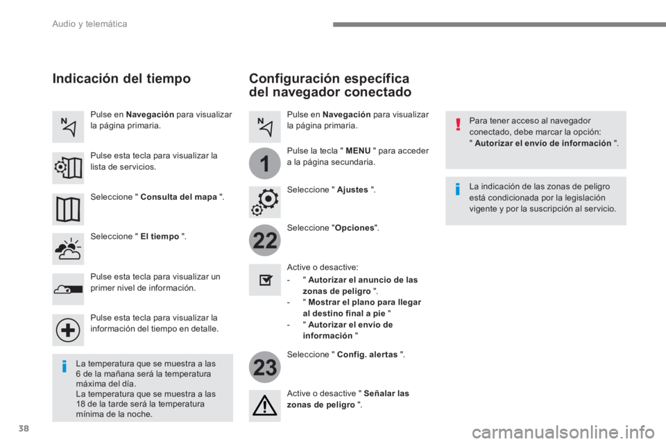 PEUGEOT 3008 2017 Manual del propietario (in Spanish) 38
22
23
1
Audio y telemática
Configuración específica
del navegador conectado
Para tener acceso al navegador
conectado, debe marcar la opción:
" Autorizar el envío de informació PEUGEOT 3008 2017 Manual del propietario (in Spanish) 38
22
23
1
Audio y telemática
Configuración específica
del navegador conectado
Para tener acceso al navegador
conectado, debe marcar la opción:
" Autorizar el envío de informació